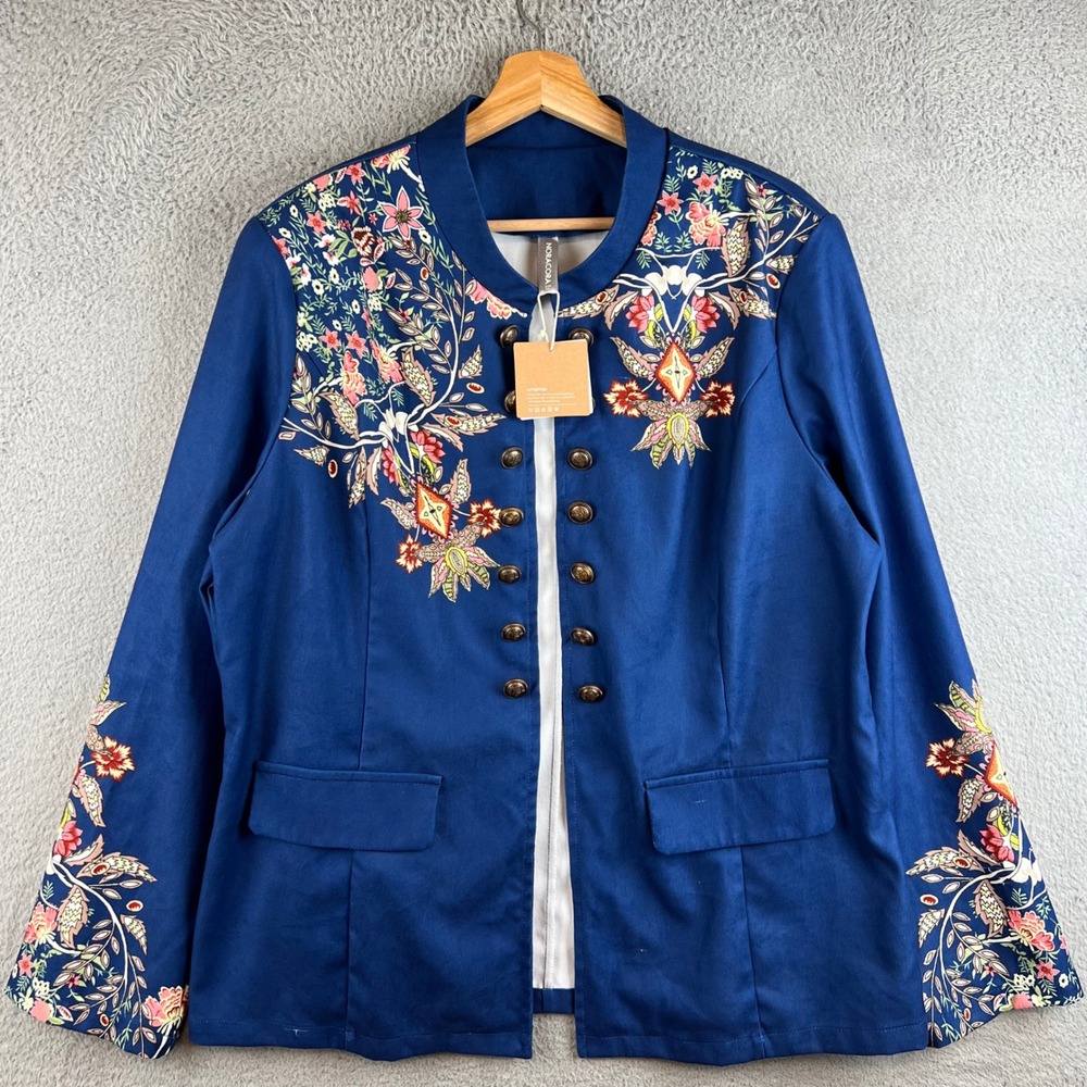 New Noracora Blue Floral Embroidered Military Blazer Jacket Brass Buttons XXL